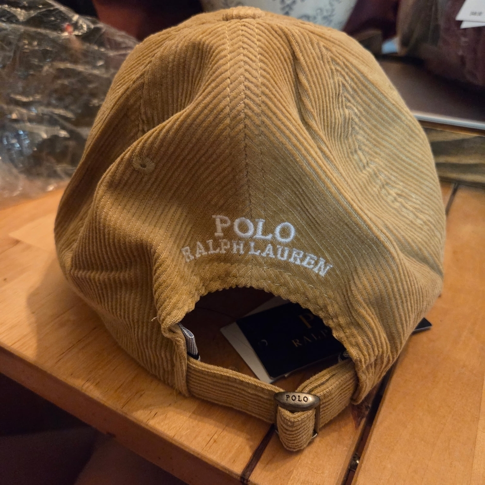 Ralph Lauren Corduroy Polo Player Cap in Tan with Red Accent - Picture 3 of 8